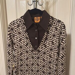 Tory Burch Women’s Shirt with Brown and Cream Geometric Design